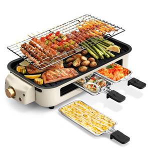 lot 5049 image: Pukomc Electric Indoor Grill,2 in 1 Indoor Grills for Kitchen with Grill Net & Non-Stick Cooking Removable Plate, Temperature Control, Dishwasher Safe, 1700W Smokeless barbecue - Retail $56