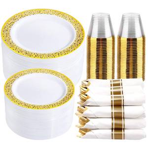 lot 5058 image: WELLIFE 100 Guests Dinnerware Sets, Gold Plastic Plates, Platos Para Fiestas Elegantes Desechables Include100 Dinner Plates,100 Dessert Plate,400 Pcs Gold Plastic Silverware, 100 Cups for Party - Retail $100