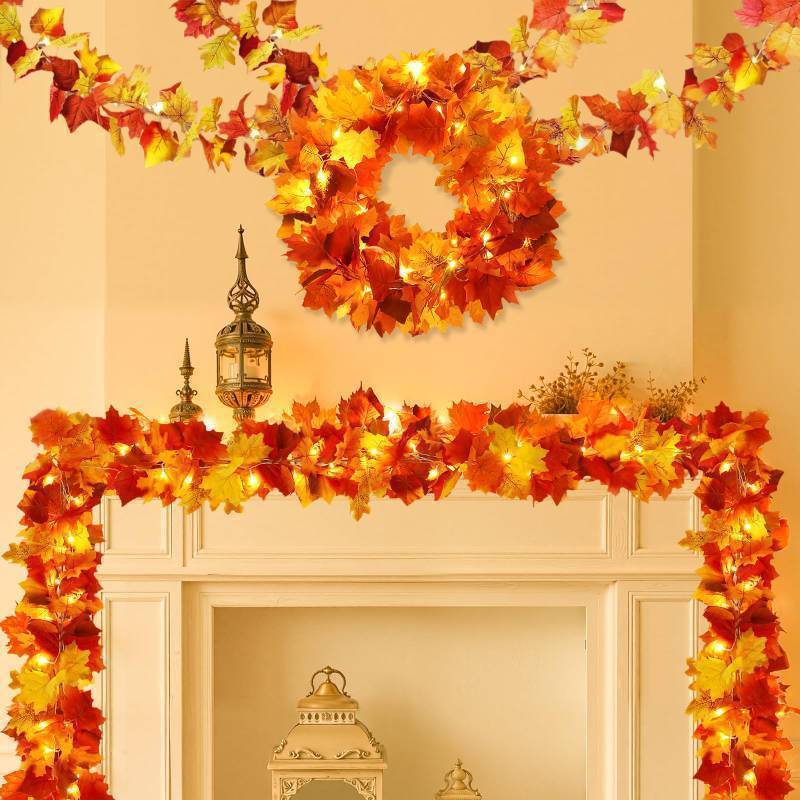 lot 34739 image: 4 Pack Fall Garland with Lights, Fall Leaves for Mantle, Outdoor Lighted Up Leaf Garland Autumn Decor with 6.5FT LED Lights, Maple Leaves for Table, Home, Indoor, Thanksgiving Decorations - Retail $26