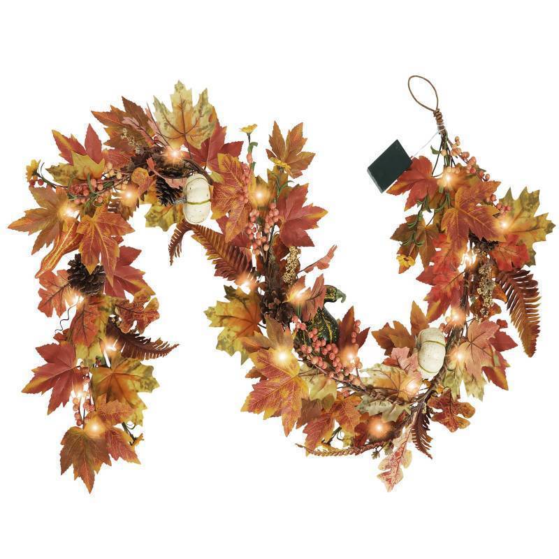 lot 34761 image: Fall Garland - 6 Ft Maple Leaf Pumpkin Berry Garland - Fall Decor Garlands with 30 Warming Lights for Thanksgiving Halloween Mantel Table Indoor Outdoor Decor - Retail $30