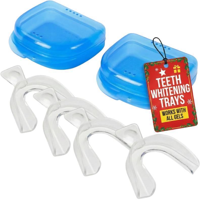 lot 43732 image: Moldable Teeth Whitening Trays for Gel Customizable Dental Mouth Guards - Compatible with Opalescence and All Gels - 4 Trays & 2 Storage Cases Thin, Trimmable, BPA-Free - Retail $10