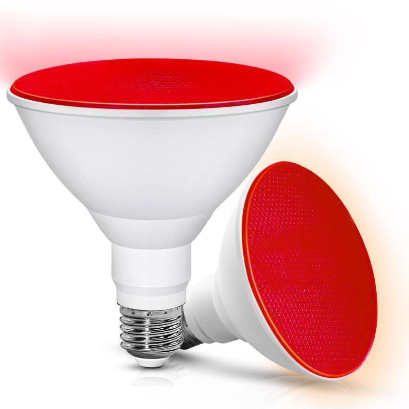 lot 43738 image: LED Red Light Bulbs Outdoor, 15W(150W Equivalent)Par38 Flood Red Lights, Color Christmas Party Light Bulb, E26 Base Energy Saving Light Bulb for New Year, Christmas, Porch, Bar Decoration, 2 Pack - Retail $13