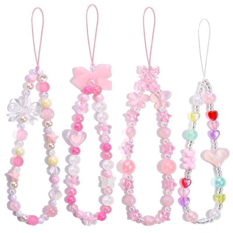 lot 61928 image: 2 PCS Cute Phone Charms Aesthetic Y2K Cellphone Wrist Strap Bedazzling Bear Bow Butterfly Heart Star Flower Accessories Pink Beaded Anti-Theft Chain String for Bag Keychain Airpods Decor - Retail $7