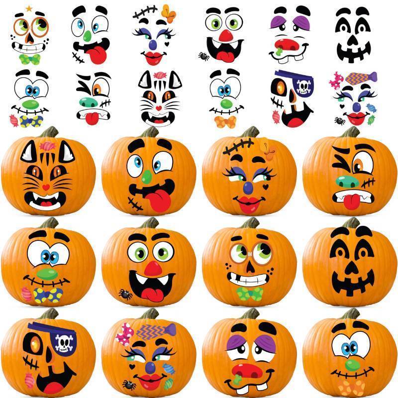 lot 61941 image: 18 Pcs Halloween Pumpkin Decorating Stickers, Halloween Party Favor, Kids Art Craft Party Supplies, Funny Jack-O-Lantern Face Sticker Sheets, Classroom Activities Games Goodies Gifts - Retail $10