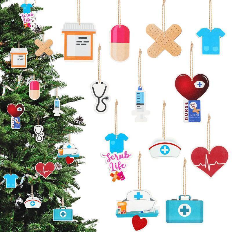 lot 61953 image: 48 Pieces Christmas Nurse Wood Ornament Scrub Life Tray Cap Themed Hanging Appreciation Gifts for Tree Home Decorations (Classic) - Retail $15