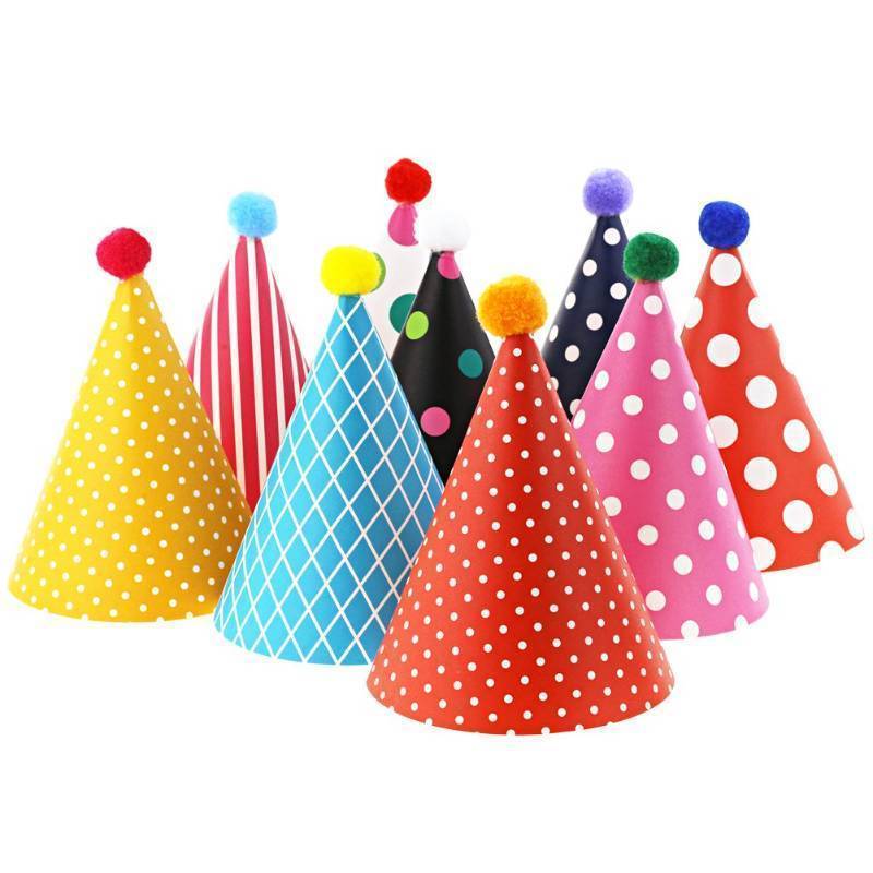 lot 61979 image: Party Hats for Kids Birthday Hats, DIY Mini Cone and Crown Set with Pom Poms, Small Paper Caps for Stuffed Animals, Pets or Toddler Decorations, Assorted Rainbow Colors - Retail $9