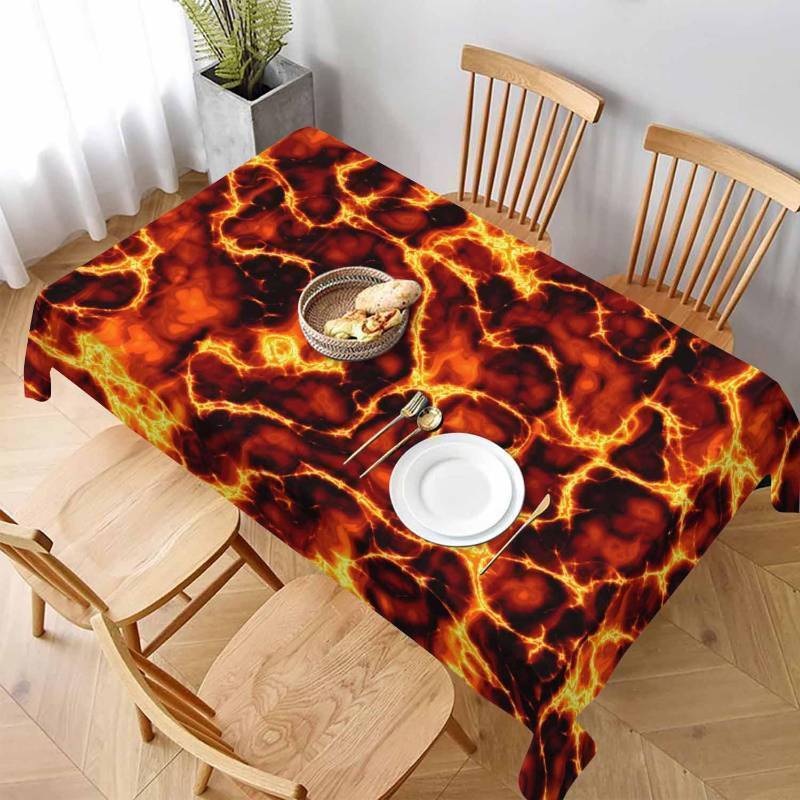 lot 62020 image: Lava Fire Glow Blaze Table Cloth Orange Fantasy 52 x 70 Rectangle Polyester Tablecloths for Dining Kitchen Outdoor Picnic Camping Party Wedding Event Washable - Retail $20