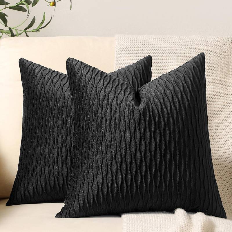 lot 14706 image: Black Striped Decorative Pillow Covers 2 Pack 24x24 Inch Original Velvet Square Throw Pillow Cases for Farmhouse Couch - Retail $26