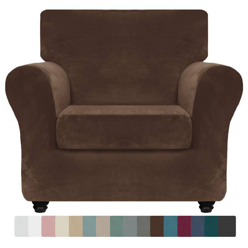 lot 43987 image: Luxury Velvet Chair Slipcovers with Arms 2 Piece Stretch Chair Covers for Living Room Thick Soft Armchair Slipcover Anti Slip Pet Friendly Furniture Protector (Dark Coffee),30-47(1 Cushion) - Retail $37