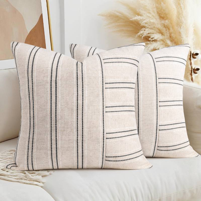 lot 43992 image: 26x26 Decorative Farmhouse Linen Throw Pillow Covers, Boho Textured Pillow Case, Set of 2, Beige with White & Black Stripe Patchwork Cushion Cover for Sofa Couch Living Room (Cover ONLY) - Retail $14