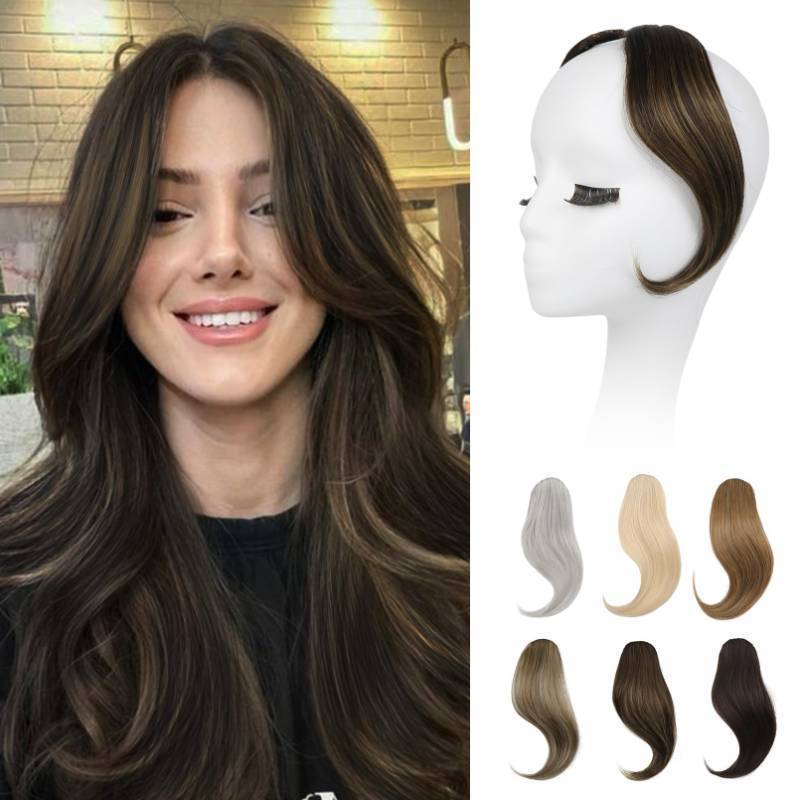 lot 15174 image: Bangs Hair Clip in Bangs, 2 PCS Face-Framing Classic Curtain Bangs Fringe Fake Bangs Hairpieces for Women Daily Wear - Dark Brown with Highlights - Retail $17