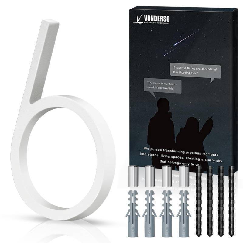 lot 24164 image: 8 Inch Large House Numbers for Outside, Zinc Alloy Address Numbers with Durable Stain-Resistant White Stone Powder Coating, Heavy-Duty Door Numbers for Home or Business (Number 6,Matte White) - Retail $14