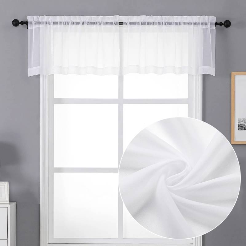 lot 24609 image: CSheer White Valances for Windows 2 Pack, Small Window Curtains for Living Room Bathroom Cafe Laundry Basement, Modern Top Dual Rod Pocket Voile Curtain, 42W x 14L inches, White - Retail $7