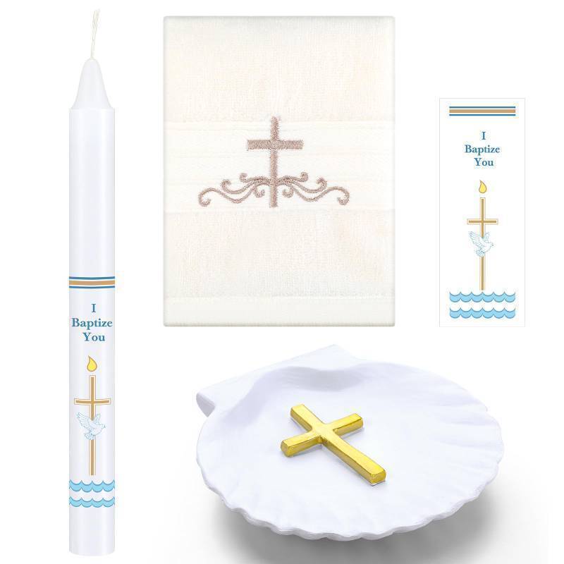 lot 24621 image: 4 Pcs Baptism Candle Set for Boy Girls Included Baptism Towel Bautizo Candle Conch and Sticker Communion De Nino Bautizo De Nina for Christening Favors - Retail $22