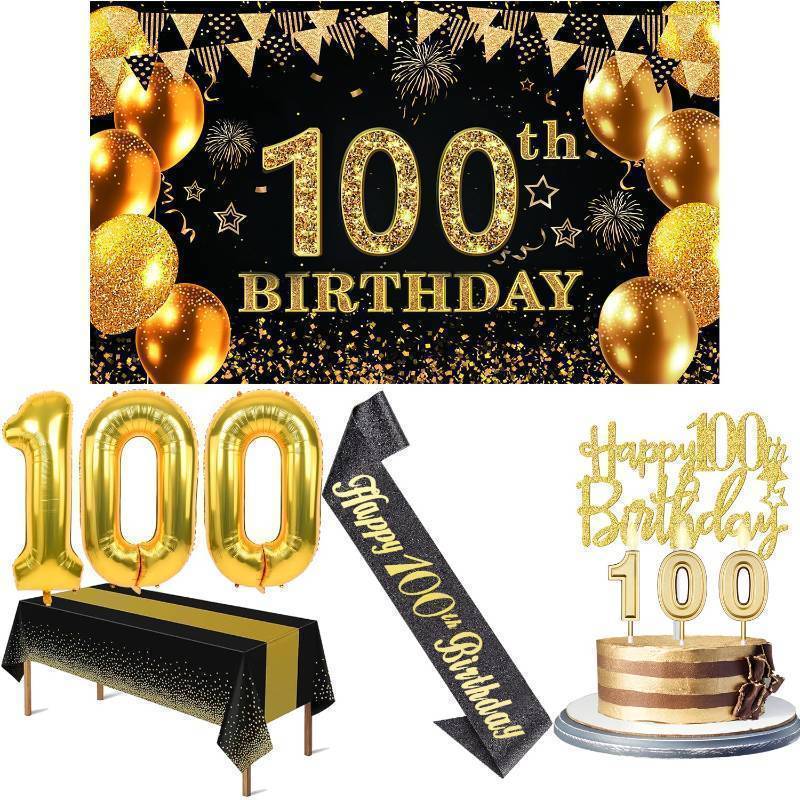 lot 24744 image: 100th Birthday Decorations Men Women with 100th Birthday Banner, Black and Gold Table Cloth, Number Balloons, Large Sash,Cake Topper and Candles - Retail $19