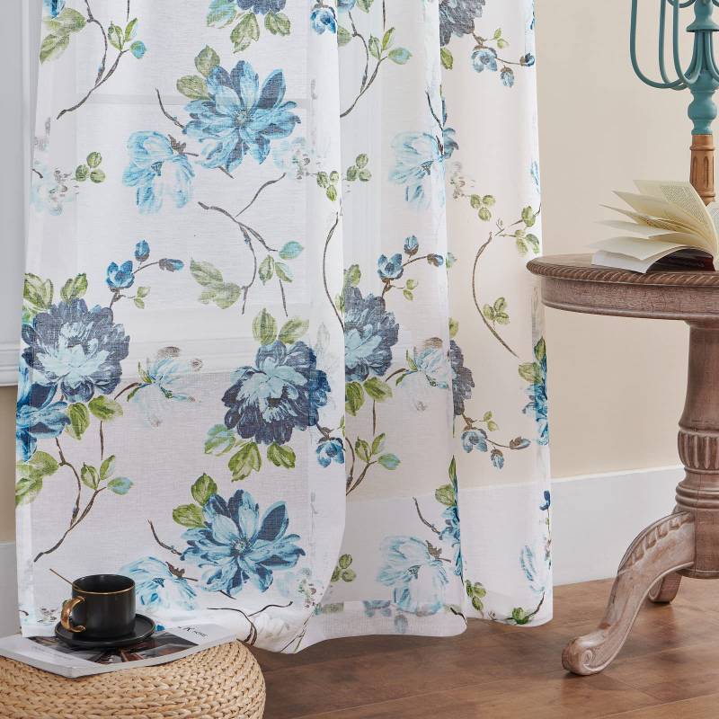 lot 24747 image: Blue Flower Curtains 96 Inches Long 2 Panels Set Floral Sheer Curtains for Living Room Bedroom Rod Pocket Linen Textured Light Filtering Large Window Drapes Dining Room Rustic Decor, 52x96 Inch Length - Retail $28