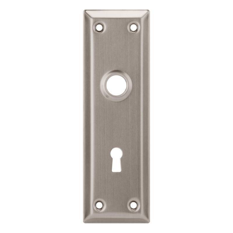 lot 24760 image: 2 Pack Mortise Lock Door Plates for Interior Doors, Old Style Mortise Door Knob Cover Plate Replacement, Door Escutcheon Plates Brushed Nickel - Retail $16