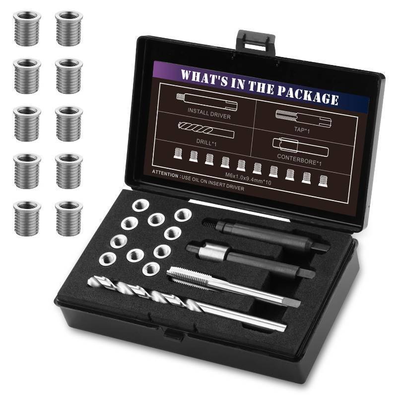 lot 53759 image: M6X1.0 Thread Repair Kit with 9.4mm Insert HSS Drill, Tap, Installation Driver, Counterbore, Stainless Steel Insert. Missing Pieces - Retail $99