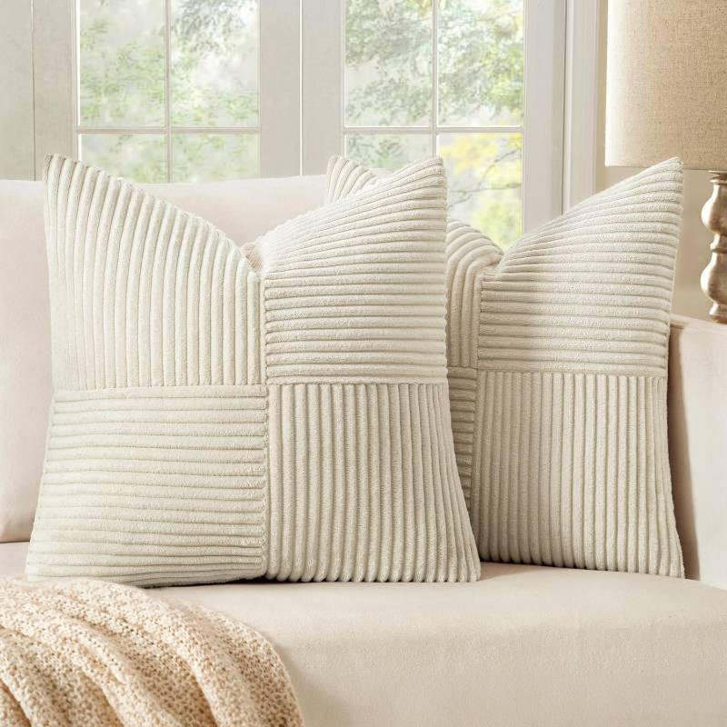 lot 24954 image: MIULEE Beige Decorative Throw Pillow Covers 18x18 Inch for Couch Bed Sofa Pack of 2 Boho Neutral Farmhouse Throw Pillows Soft Cross Corduroy Patchwork Textured Cushion Cases - Retail $10