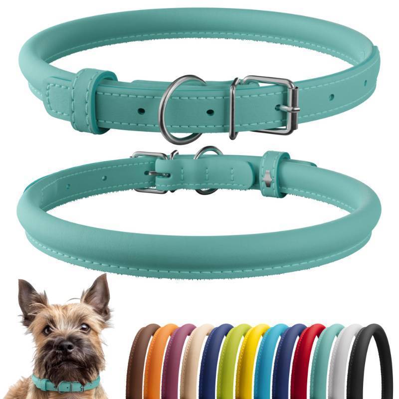 lot 24968 image: Rolled Leather Dog Collar, Soft Padded Round Puppy Collar, Handmade Genuine Leather Collar Dog Small Large Cat Collars 13 Colors (6-7 Inch, Mint Green Smooth) - Retail $10