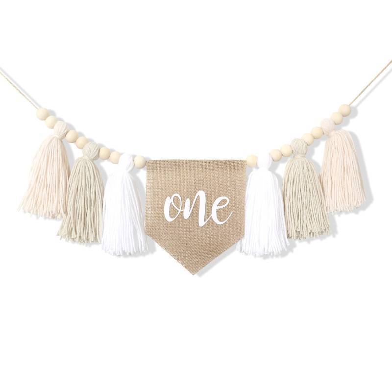 lot 24996 image: White 1st Birthday High Chair Banner - Wood Bead Tassel Garland - Pure Angel 1st Birthday Photo Backdrop - Wall Hangings Decorative For Kids - Retail $16
