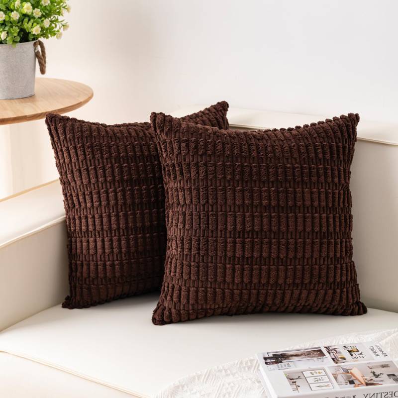 lot 25041 image: Pack of 2 Corduroy Decorative Throw Pillow Covers 18x18 Inch Soft Boho Striped Pillow Covers Modern Farmhouse Home Decor for Sofa Living Room Couch Bed Dark Brown  - Retail $9