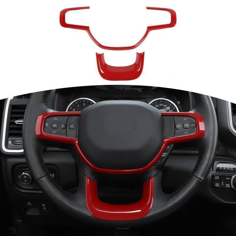 lot 72016 image: RAM Steering Wheel Panel Trim Sticker for RAM 2018 2019 2020 2021 2022 2023 2024-Present Red Interior Accessories 2pcs - Retail $22