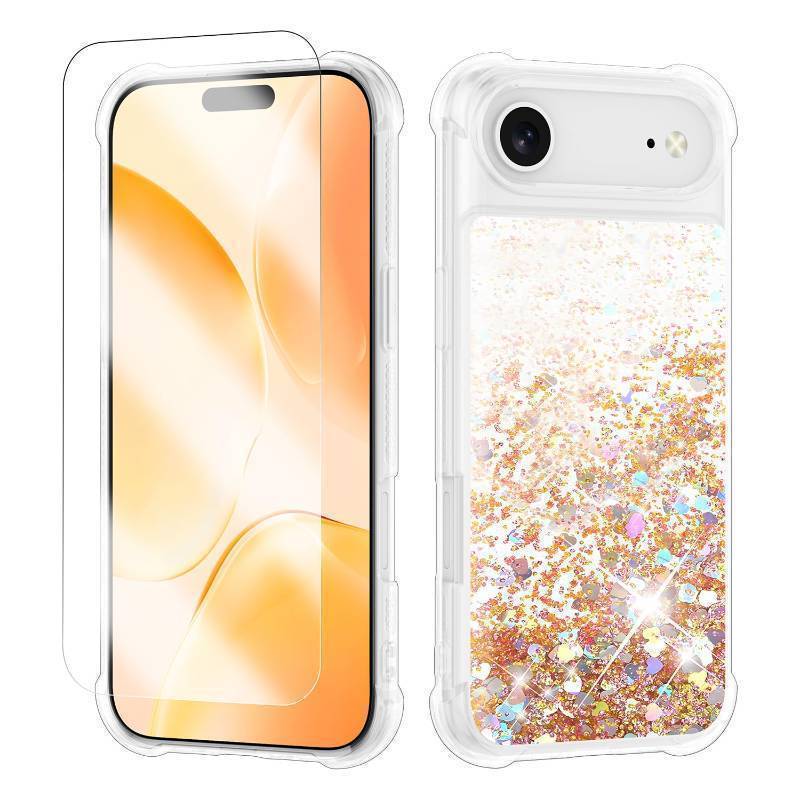 lot 72022 image: iPhone 17 Air, Shockproof Clear TPU Phone Glitter Case with 1 Screen Protector, Bling Glitters Case for Women, Gold - Retail $14