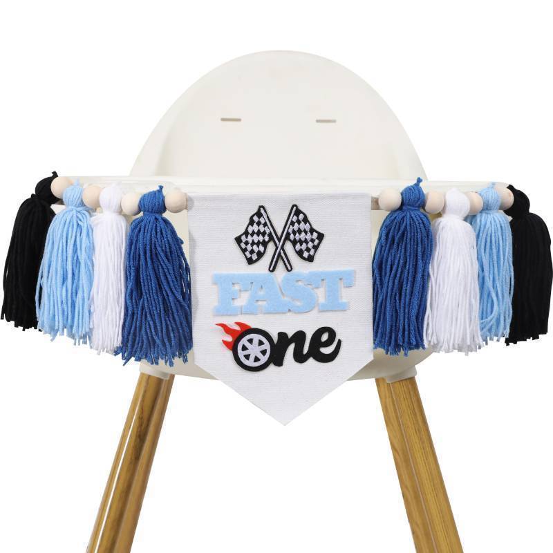 lot 72037 image: Fast One 1st Birthday High Chair Banner - Race Car Blue Tassel Highchair Decor for Boys, My First Lap Birthday Decor - Retail $15