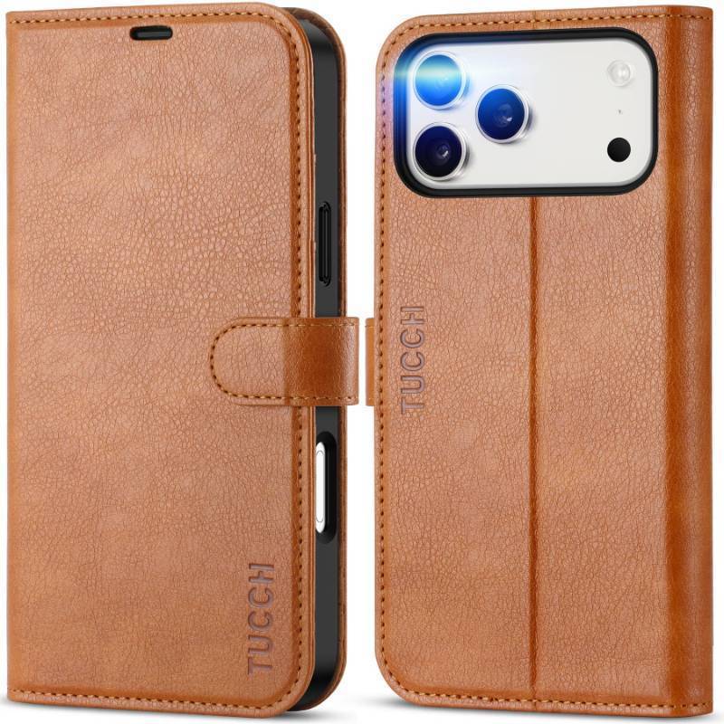 lot 72208 image: Wallet Case for iPhone 17 Pro Max (6.9) 2025, 4 Card Holders  RFID Blocking  Stand  PU Leather  Magnetic Closure  Protective Folio Cover  Shockproof TPU Shell  Light Brown - Retail $21