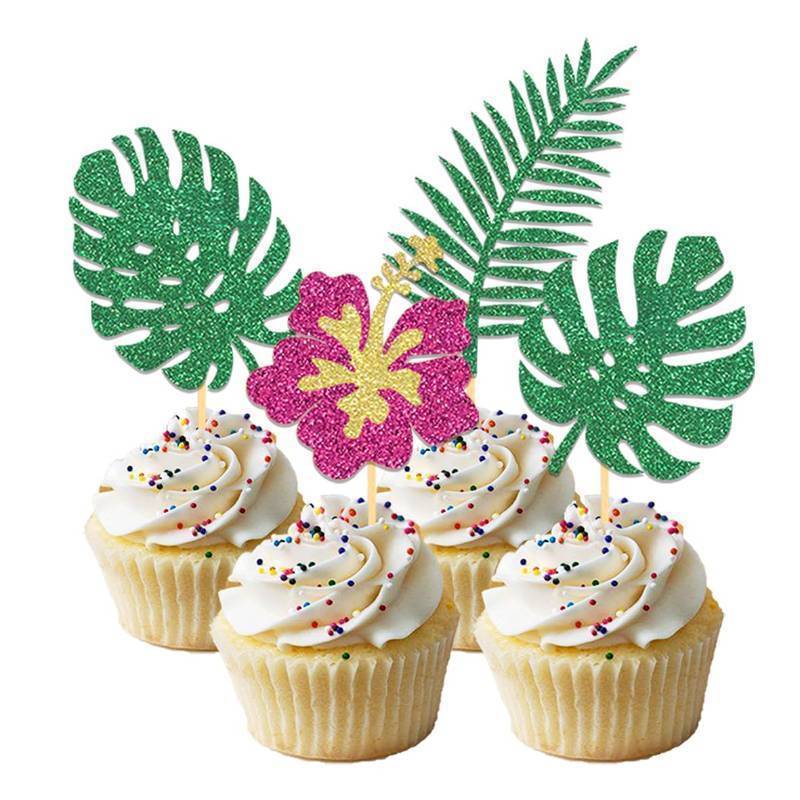 lot 72214 image: 24Pcs Glitter Tropical Cupcake Toppers, Palm Tree Cake Topper Aloha Cupcake Picks Flower Cupcake Decorations for Luau Hawaiian Theme Baby Shower Birthday Party Supplies(Leaves B) - Retail $8