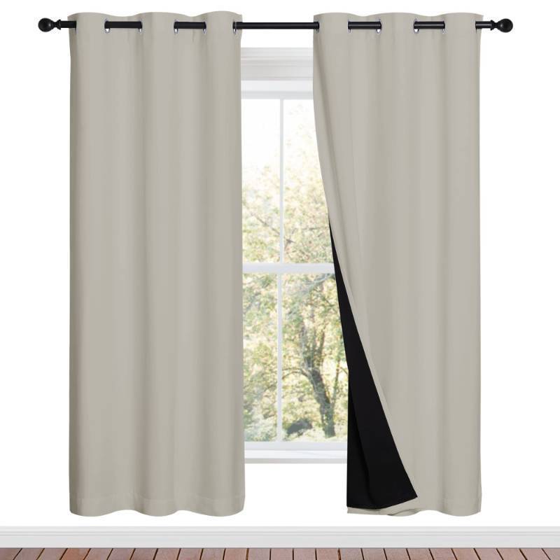 lot 43974 image: 100% Blackout Window Curtain Panels, Full Light Blocking Drapes with Black Liner for Nursery, 72-inch Drop Thermal Insulated Draperies (Natural, 2 Pieces, 42-inch Wide Per Panel) - Retail $41