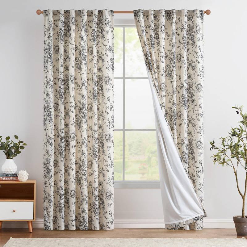 lot 71740 image: Lined Linen Blend Curtain Floral Curtains for Living Room 90 Inches Long Black Peony Flower Printed Curtain Back Tab Farmhouse Patterned Drapes Bedroom Window Curtains Set 2 Panels - Retail $64