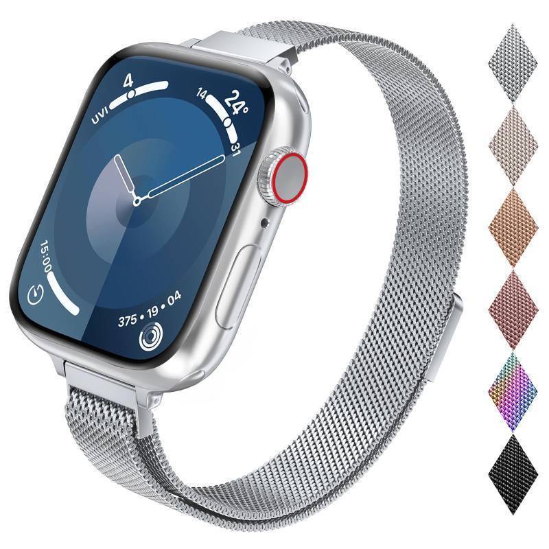 lot 72120 image: Compatible with Apple Watch Band, Stainless Steel Slim & Thin Mesh Magnetic Clasp Strap Women&Girl Replacement Band for iWatch Series Ultra SE 8 7 6 5 4 3 2 1 (42mm44mm45mm49mm, Silver) - Retail $13