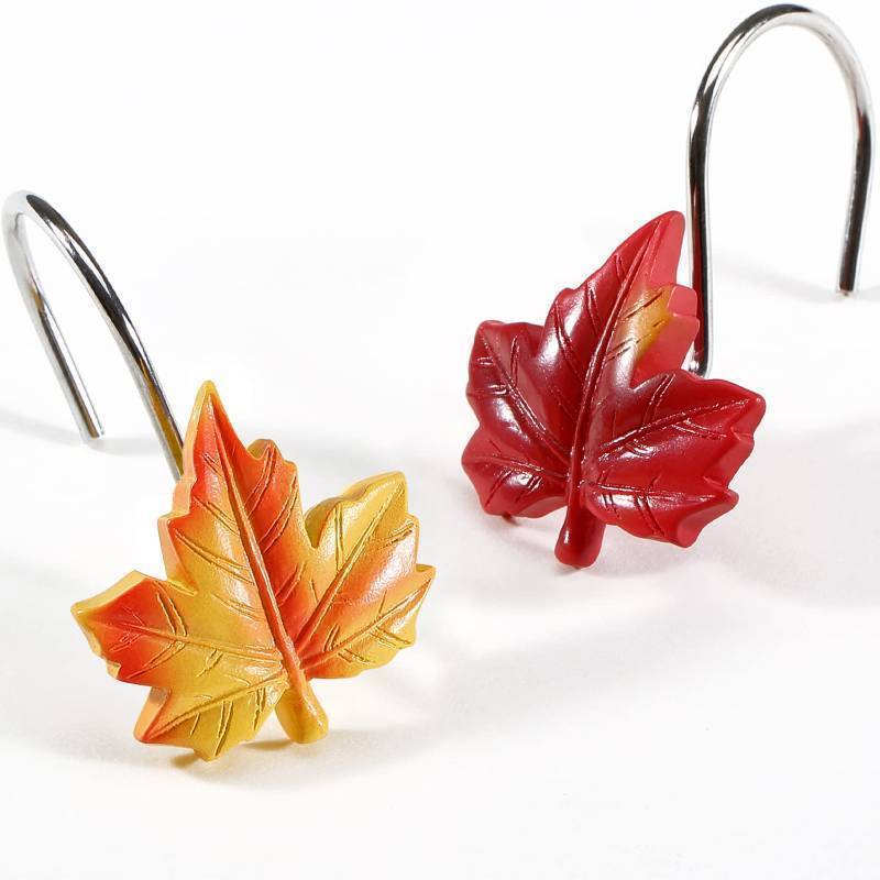 lot 44232 image: Maple Leaf Shower Curtain Hooks, 12Pcs Thanksgiving Decorative Shower Curtain Hooks, CHICTIE Autumn Fall Leaves Shower Curtain Rings Rustproof for Bathroom Bedroom Room Decor (Red  Yellow) - Retail $10