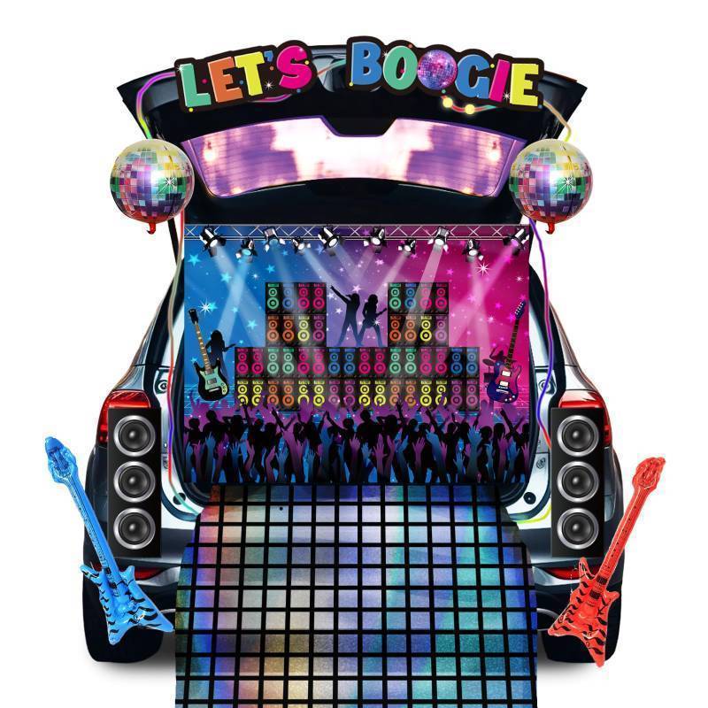 lot 44234 image: Halloween Trunk or Treat Car Decorations Kit 1970s Theme Trunk or Treat Decorations for Suv Car Archway Retro Photo Booth Backdrop Garage Door Birthday Party Favors Decorations Supplies - Retail $20