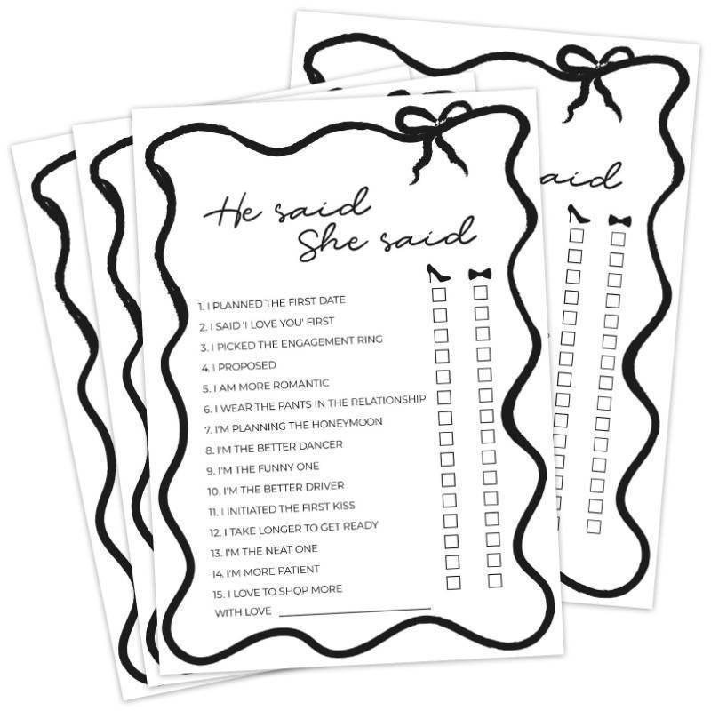 lot 44243 image: 30 PCS Bridal Shower Games Card for 30 Guests Black Wavy Border Ribbon Bow Funny Wedding Bachelorette Party Games for Reception (He Said She Said) - Retail $10
