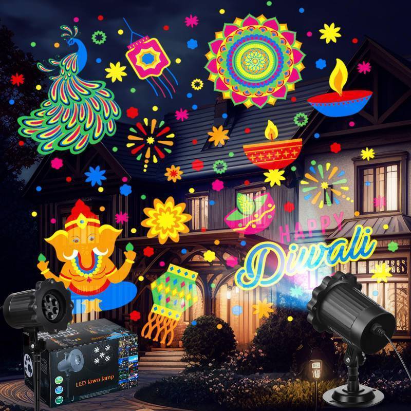 lot 44296 image: Happy Diwali Projector Lights Outdoor Festival LED Projector Decorations Elephant Sun on Dynamic Waterproof Outdoor Indoor Diwali Festival Projection for Landscape Garden Yard Patio Party - Retail $23