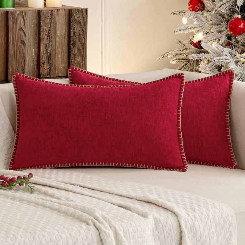 lot 44302 image: MIULEE Pack of 2 Christmas Pillow Covers 12x20 Inch Red Farmhouse Decorative Throw Pillow Covers with Stitched Edge Soft Chenille Solid Dyed Couch Pillow Covers for Sofa Bed Living Room - Retail $25