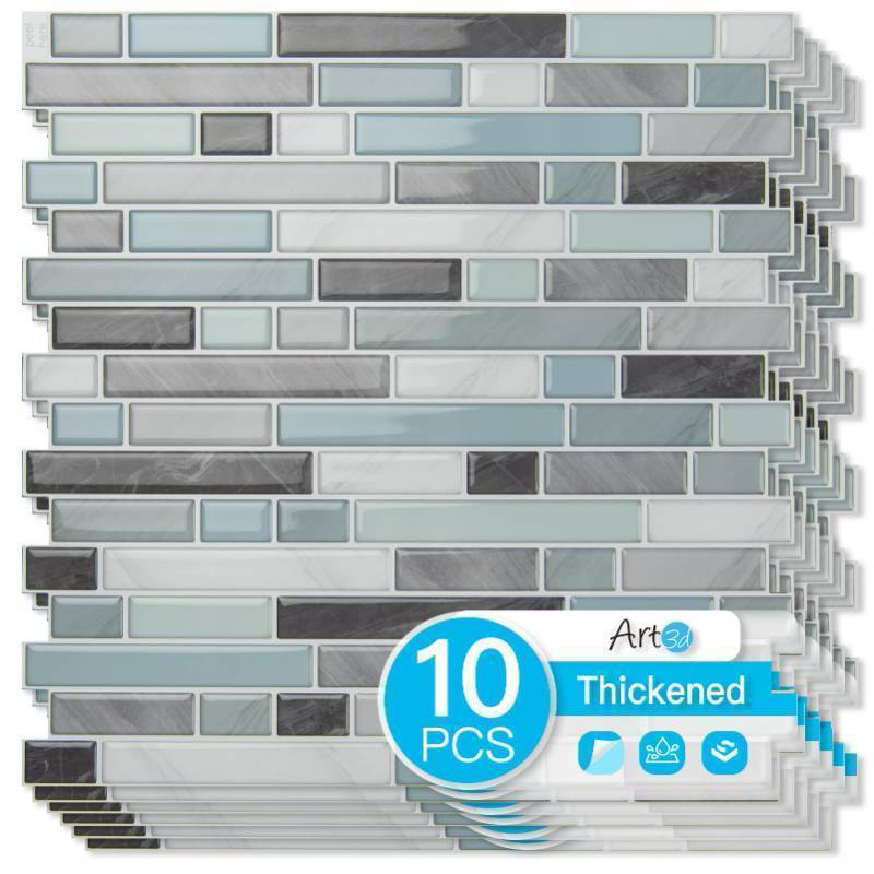 lot 44353 image: Art3d 10-Sheet Heavy-Duty Peel and Stick Backsplash, Waterproof Wall Tiles Stick on Kitchen Backsplash Living Space, Gray & Blue - Retail $35