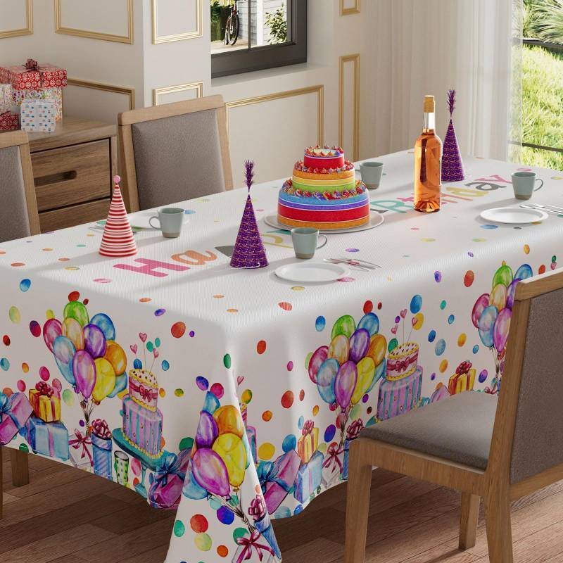 lot 44703 image: Happy Birthday Cake Gifts Colorful Balloons White Tablecloth Rectangle Washable Table Covers for Indoor Outdoor Dining Table Home Party Decorations 60x120 Inch - Retail $3,146
