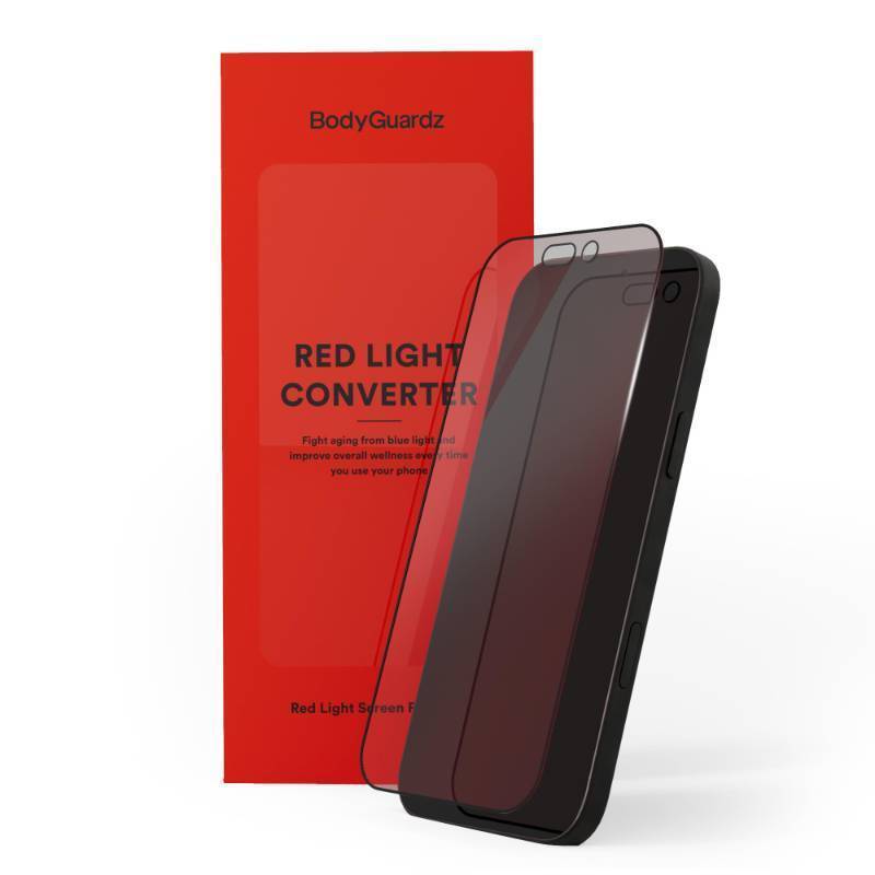 lot 44763 image: BodyGuardz Red Light Converter Screen Protector Passive Red Light Therapy for Face - Promotes Better Sleep, Healthier Skin, Reduced Eye Strain �� 9H Tempered Glass, Easy Install (iPhone 16 Pro Max) - Retail $45