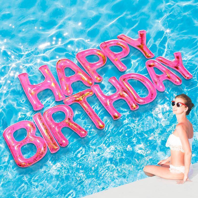 lot 44779 image: 20 Happy Birthday Pool Large Floating Letter Balloons with Adhesive Dots Inflatable Pool Decorations for Summer Birthday Party(Pink) - Retail $33