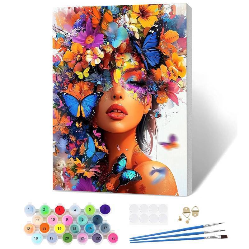 lot 44783 image: Paint by Numbers Adult Kit with Frame, 12x16 in, Lady with Flowers, Easy Painting Kits for Beginners, Paint on Clear Colored Canvas, Acrylic Pigment Drawing Paintwork DIY Home Wall Decor - Retail $16