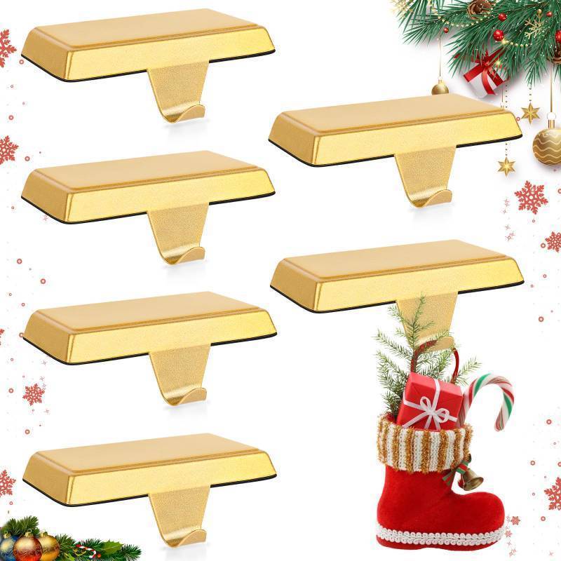 lot 44788 image: 6 Pack Metal Christmas Stocking Holders for Mantle Heavy Duty Stocking Hangers Stocking Hook Christmas Ornaments for Counter Tables Window Fireplace Mantle Decoration (Gold) - Retail $30