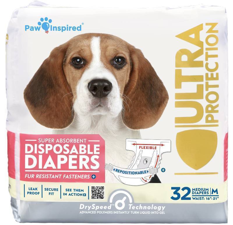 lot 44814 image: Paw Inspired 32ct Disposable Dog Diapers  Female Dog Diapers Ultra Protection  Diapers for Dogs in Heat, Excitable Urination, or Incontinence (Medium) - Retail $23