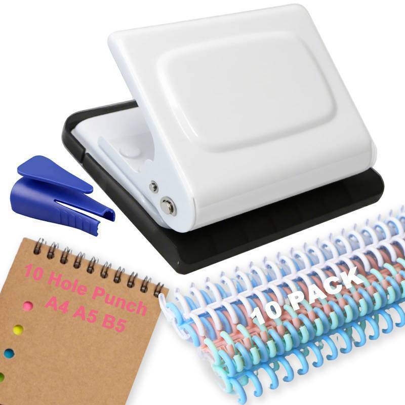 lot 44819 image: 10 Hole Punch Binding Machine for Planner, Manual Binding System with 10 Multi-Color Binder Rings for Making 26 Holes on B5, 30 Holes on A4, 20 Holes on A5 Book, 10 Sheet Capacity - White - Retail $22
