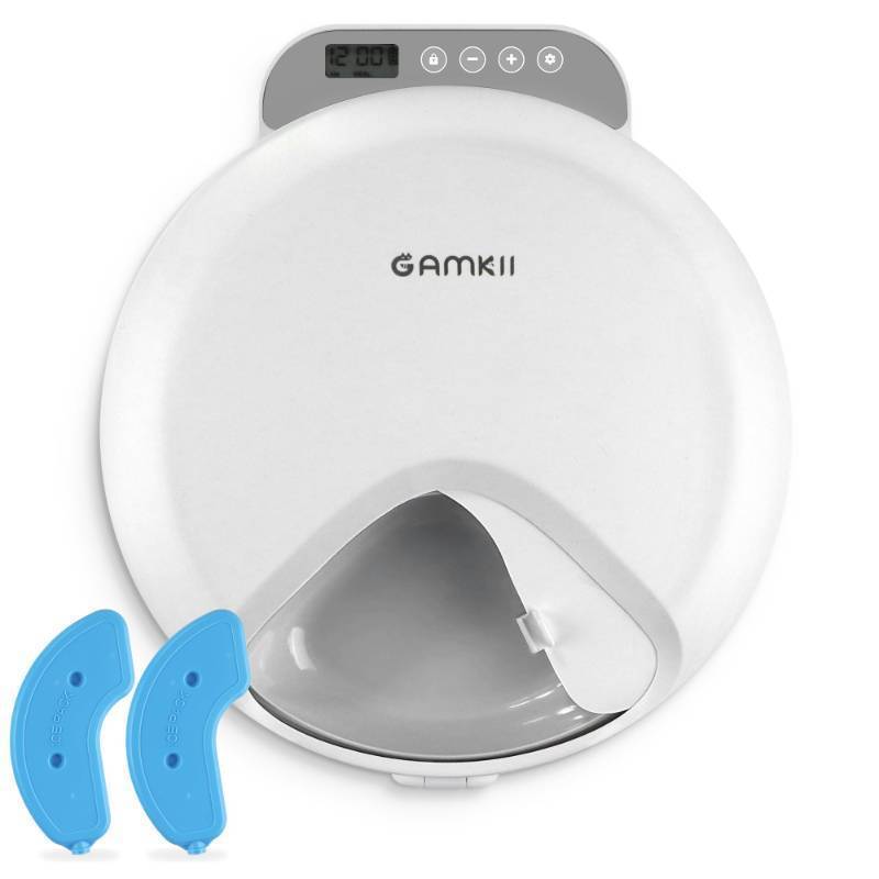 lot 44825 image: Automatic Cat Feeder Wet Food, 4 Meals Cordless Auto Refrigerated Pet Feeder with 2 Ice Packs & Meal Cover, Programmable Timer & 4PCS AA Batteries Included for Cats Small Dogs-ABS Food Tray - Retail $38