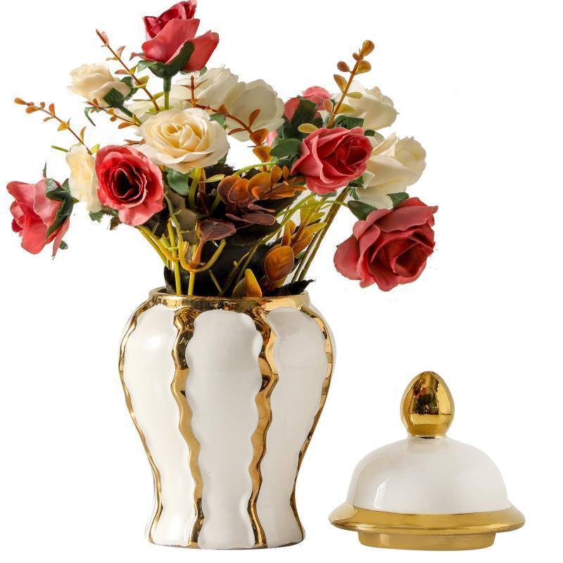lot 44826 image: Small White and Gold Vase, 6.8in Decorative Ceramic Ginger Jar with Lid, Chinoiserie Decorative Vase, Mini Ginger Jars for Home, Office, Wedding Decor - Retail $26