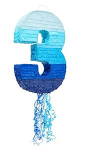 lot 16609 image: Ombre Blue Number 3 Pull String Pinata - Interactive Pull-String Surprise with Number 3 Pinata for Ocean-Themed Birthday Decoration for Boys & Girls - Pack of 1, Paper, 16.5 x 11.5 x 3 in - Retail $30
